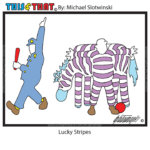 Police Officer Chasing Prisoner Stripes Striped Hiding Camo Camoflauge Zebra Hidden Blending-In Batton This-and-That Cartoons Daily Comic Strip Funny Web-Comic Web-Cartoon Slotwinski Cartoons Comics